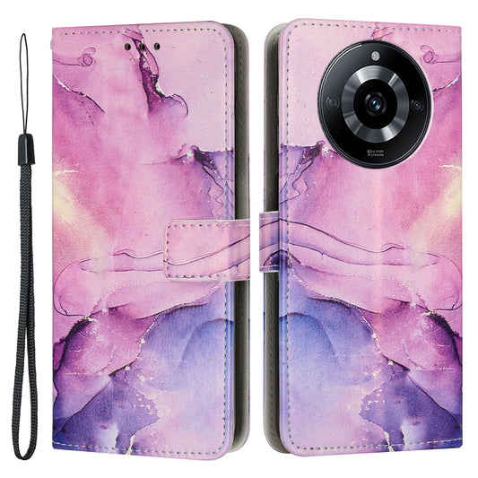Marble Pattern Leather Cover for Realme 11 5G , Flip Stand Wallet Phone Case with Wrist Strap - Purple