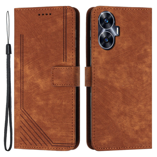 Imprinted Lines Stand Wallet Phone Case for Realme C55 , Skin-touch PU Leather Phone Cover - Brown