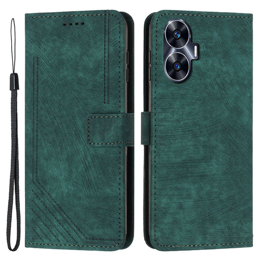 Imprinted Lines Stand Wallet Phone Case for Realme C55 , Skin-touch PU Leather Phone Cover - Green