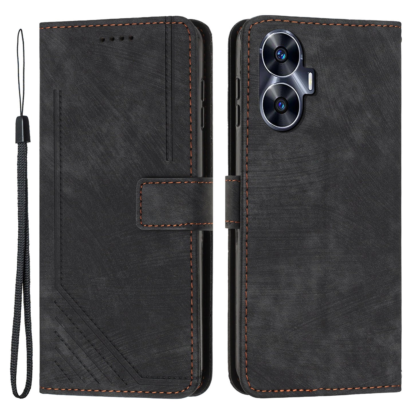 Imprinted Lines Stand Wallet Phone Case for Realme C55 , Skin-touch PU Leather Phone Cover - Black