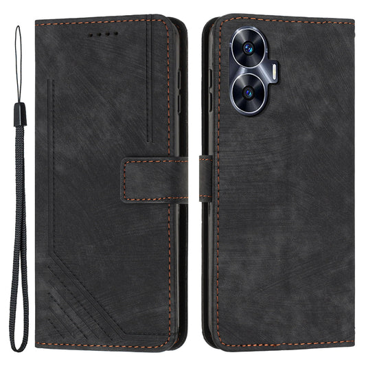Imprinted Lines Stand Wallet Phone Case for Realme C55 , Skin-touch PU Leather Phone Cover - Black