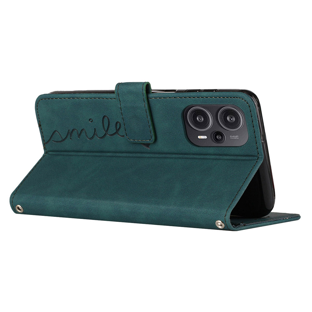 Wallet Case for Xiaomi Redmi Note 12 Turbo / Poco F5 5G , PU Leather Heart Shape Stand Phone Cover with Shoulder Strap - Green