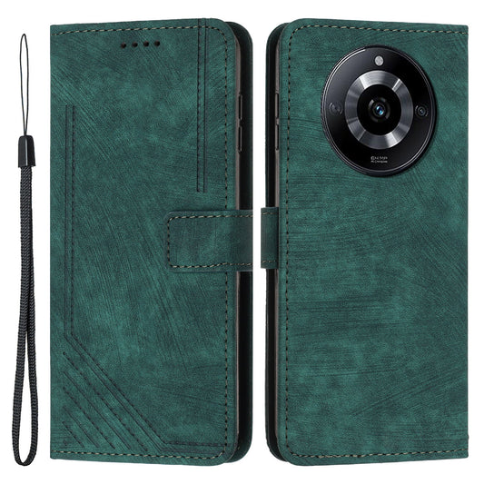 PU Leather Imprinted Lines Phone Case for Realme 11 5G , Skin-touch Stand Wallet Phone Cover - Green