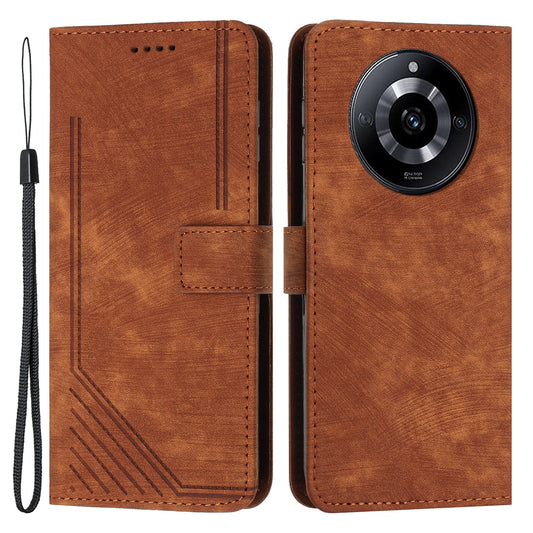 PU Leather Imprinted Lines Phone Case for Realme 11 5G , Skin-touch Stand Wallet Phone Cover - Brown
