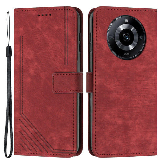 PU Leather Imprinted Lines Phone Case for Realme 11 5G , Skin-touch Stand Wallet Phone Cover - Red