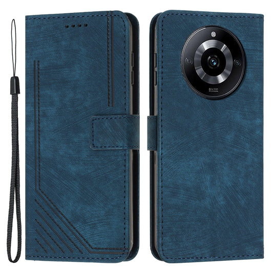 PU Leather Imprinted Lines Phone Case for Realme 11 5G , Skin-touch Stand Wallet Phone Cover - Sapphire