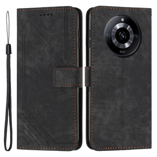 PU Leather Imprinted Lines Phone Case for Realme 11 5G , Skin-touch Stand Wallet Phone Cover - Black