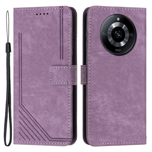 PU Leather Imprinted Lines Phone Case for Realme 11 5G , Skin-touch Stand Wallet Phone Cover - Purple