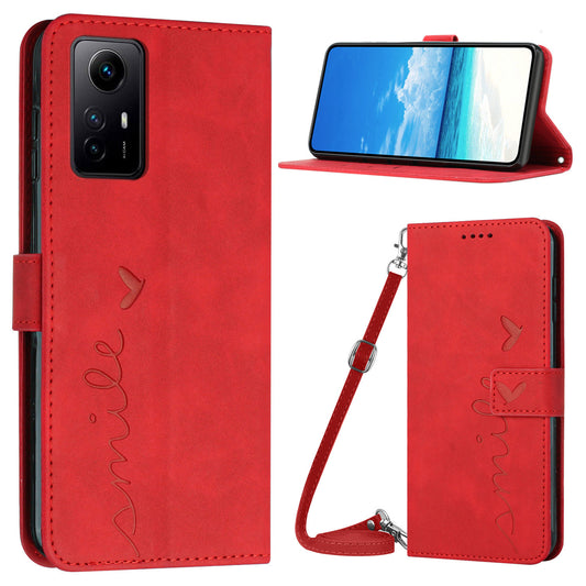 Uniqkart for Xiaomi Redmi Note 12S 4G Wallet Stand Leather Phone Case Heart Shape Phone Cover with Shoulder Strap - Red