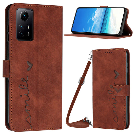 Uniqkart for Xiaomi Redmi Note 12S 4G Wallet Stand Leather Phone Case Heart Shape Phone Cover with Shoulder Strap - Brown