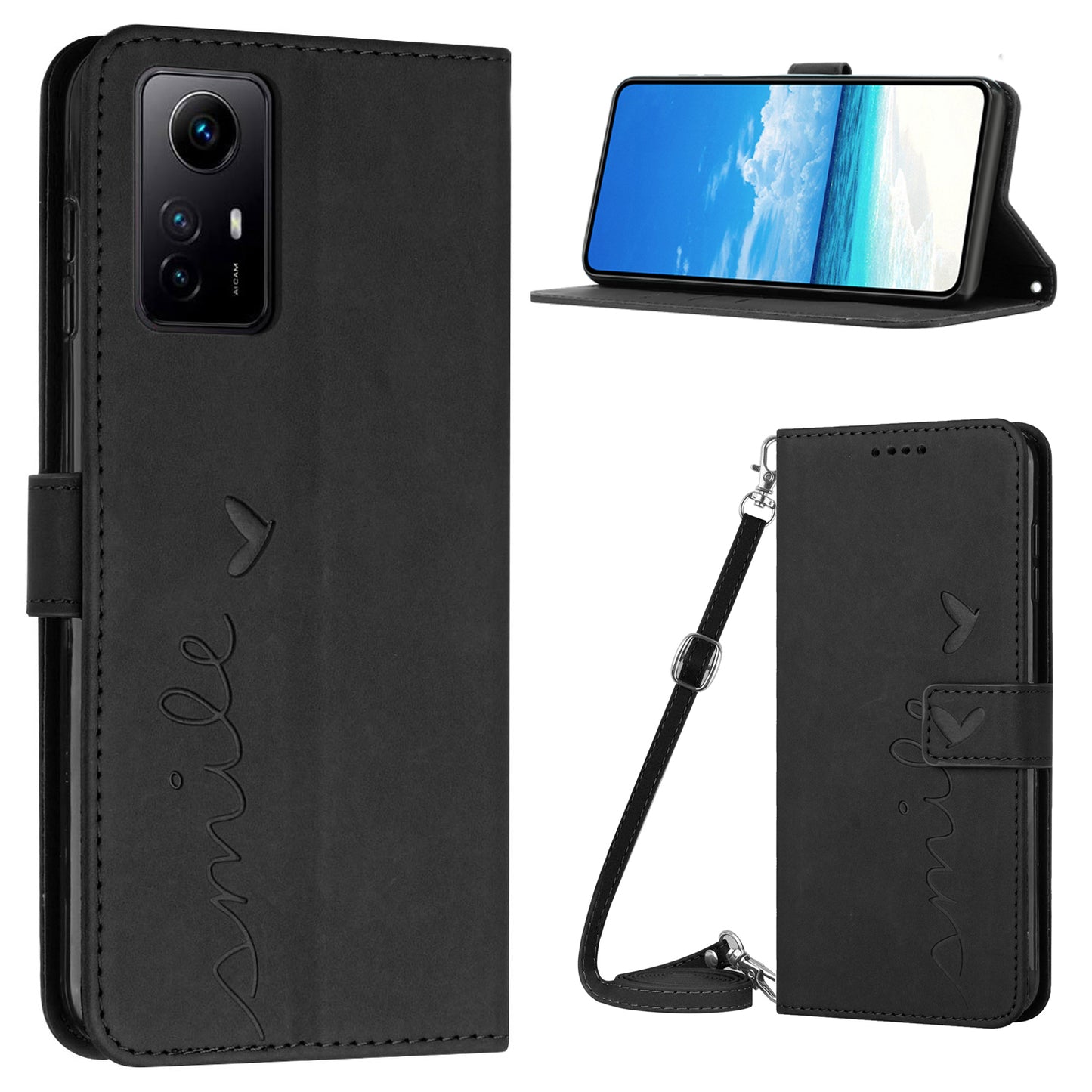 Uniqkart for Xiaomi Redmi Note 12S 4G Wallet Stand Leather Phone Case Heart Shape Phone Cover with Shoulder Strap - Black