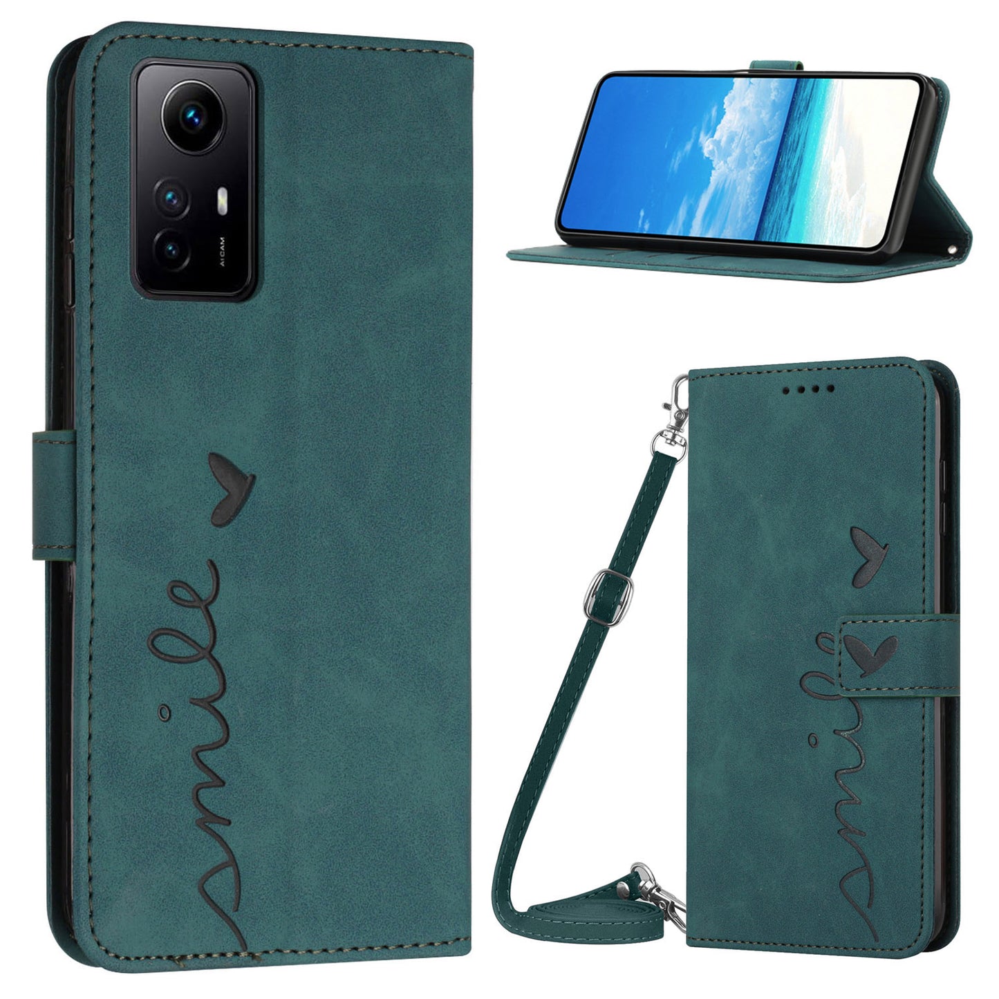 Uniqkart for Xiaomi Redmi Note 12S 4G Wallet Stand Leather Phone Case Heart Shape Phone Cover with Shoulder Strap - Green