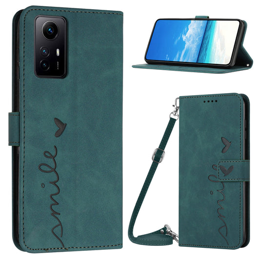 Uniqkart for Xiaomi Redmi Note 12S 4G Wallet Stand Leather Phone Case Heart Shape Phone Cover with Shoulder Strap - Green