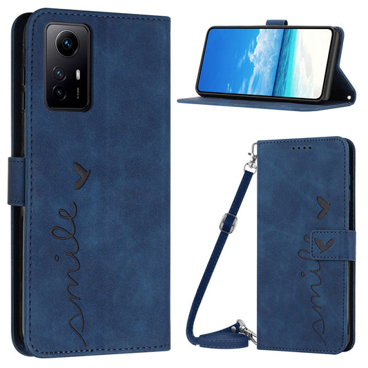 Uniqkart for Xiaomi Redmi Note 12S 4G Wallet Stand Leather Phone Case Heart Shape Phone Cover with Shoulder Strap - Sapphire