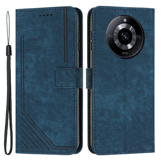 Uniqkart for Realme 11 Pro+ 5G / 11 Pro 5G Stand Wallet Leather Case Imprinted Lines Skin-touch Phone Cover - Sapphire
