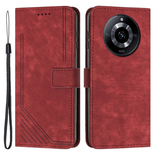 Uniqkart for Realme 11 Pro+ 5G / 11 Pro 5G Stand Wallet Leather Case Imprinted Lines Skin-touch Phone Cover - Red
