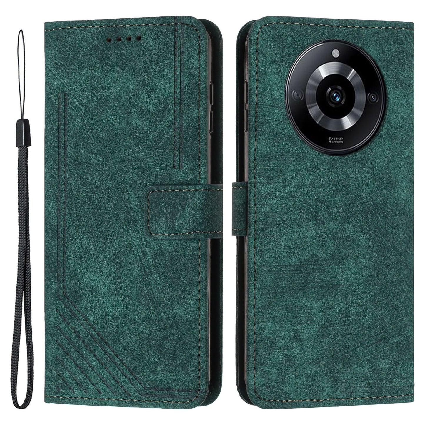 Uniqkart for Realme 11 Pro+ 5G / 11 Pro 5G Stand Wallet Leather Case Imprinted Lines Skin-touch Phone Cover - Green