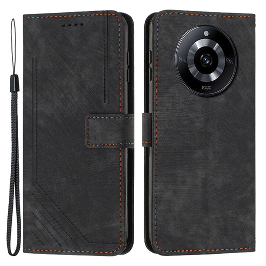 Uniqkart for Realme 11 Pro+ 5G / 11 Pro 5G Stand Wallet Leather Case Imprinted Lines Skin-touch Phone Cover - Black