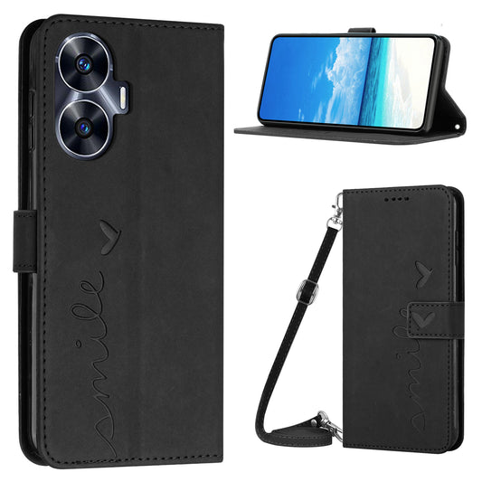 Heart Shape PU Leather Case for Realme C55 , Wallet Stand Phone Cover with Shoulder Strap - Black