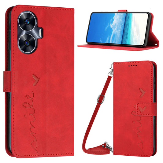 Heart Shape PU Leather Case for Realme C55 , Wallet Stand Phone Cover with Shoulder Strap - Red