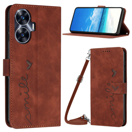 Heart Shape PU Leather Case for Realme C55 , Wallet Stand Phone Cover with Shoulder Strap - Brown