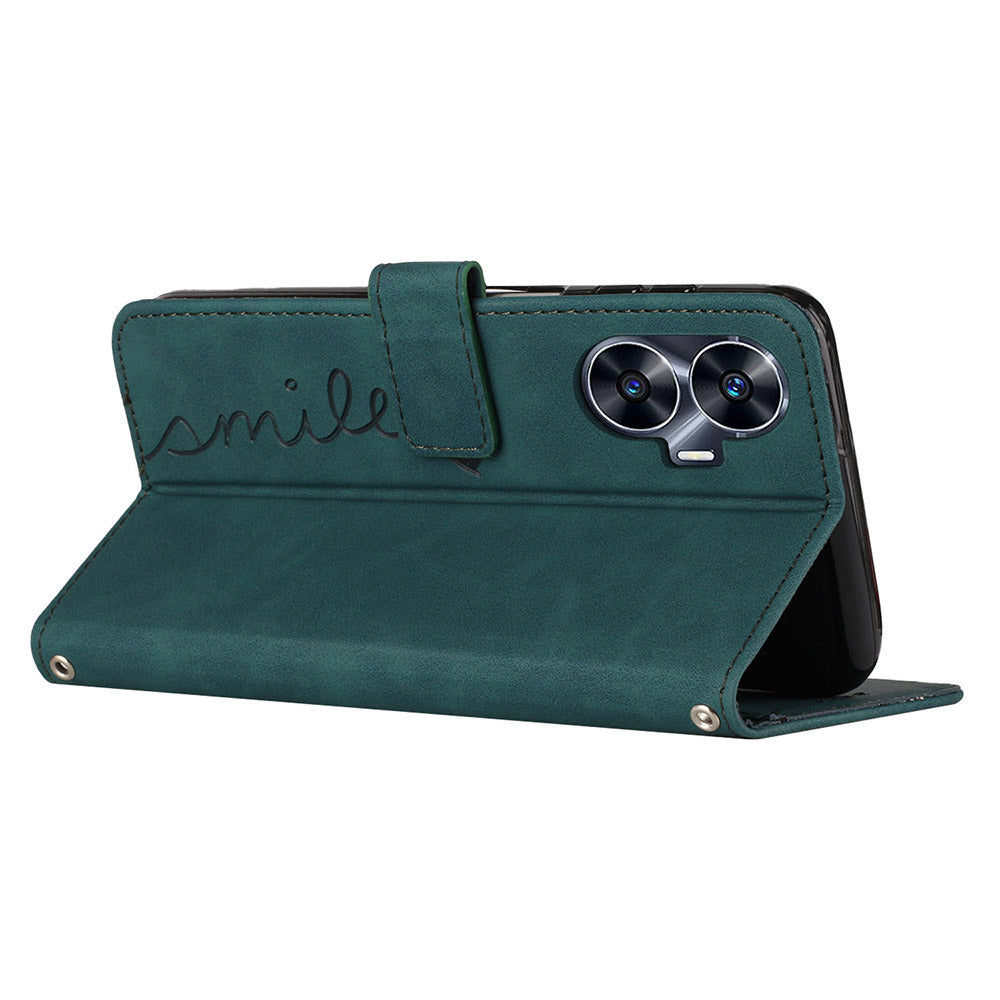Heart Shape PU Leather Case for Realme C55 , Wallet Stand Phone Cover with Shoulder Strap - Green