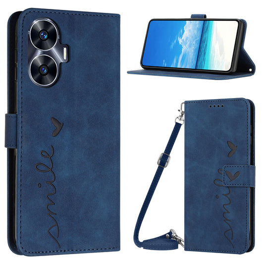 Heart Shape PU Leather Case for Realme C55 , Wallet Stand Phone Cover with Shoulder Strap - Sapphire