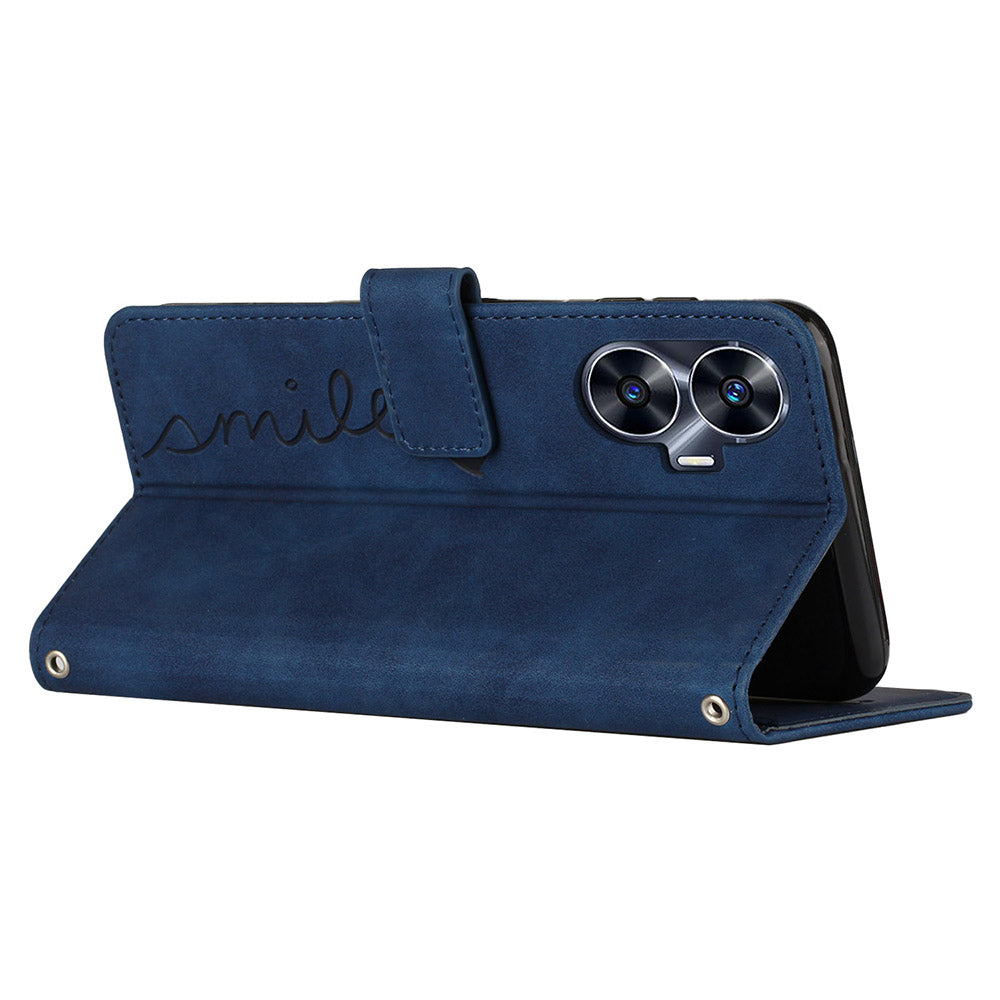 Heart Shape PU Leather Case for Realme C55 , Wallet Stand Phone Cover with Shoulder Strap - Sapphire