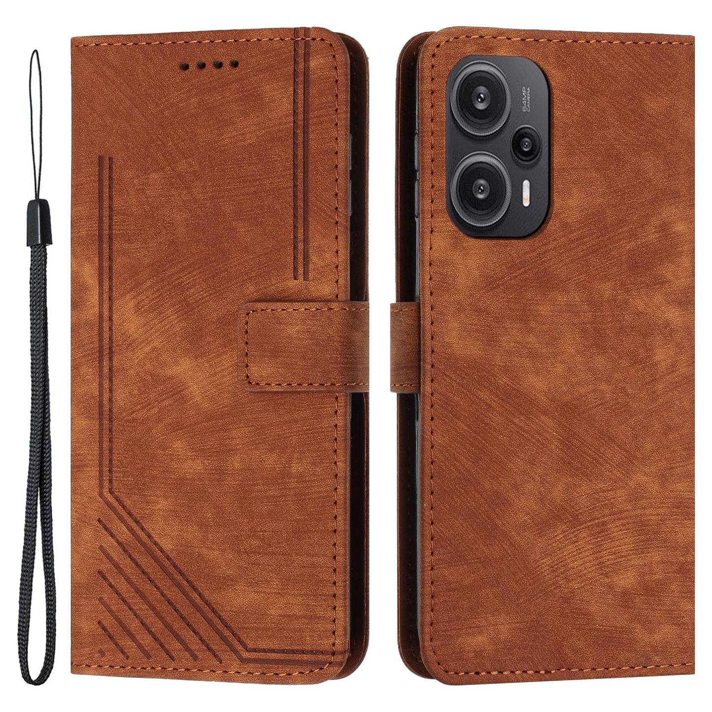 Uniqkart for Xiaomi Redmi Note 12 Turbo / Poco F5 5G Imprinted Lines Leather Phone Case Wallet Stand Phone Cover - Brown