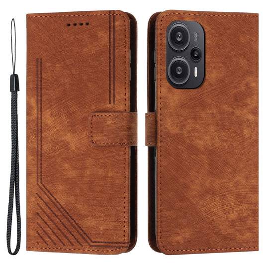 Uniqkart for Xiaomi Redmi Note 12 Turbo / Poco F5 5G Imprinted Lines Leather Phone Case Wallet Stand Phone Cover - Brown