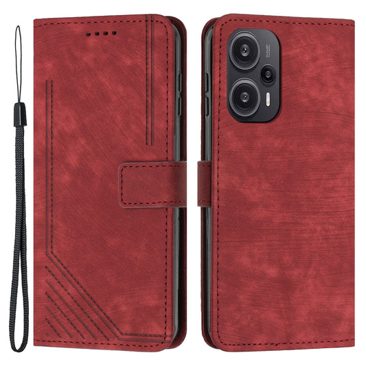 Uniqkart for Xiaomi Redmi Note 12 Turbo / Poco F5 5G Imprinted Lines Leather Phone Case Wallet Stand Phone Cover - Red