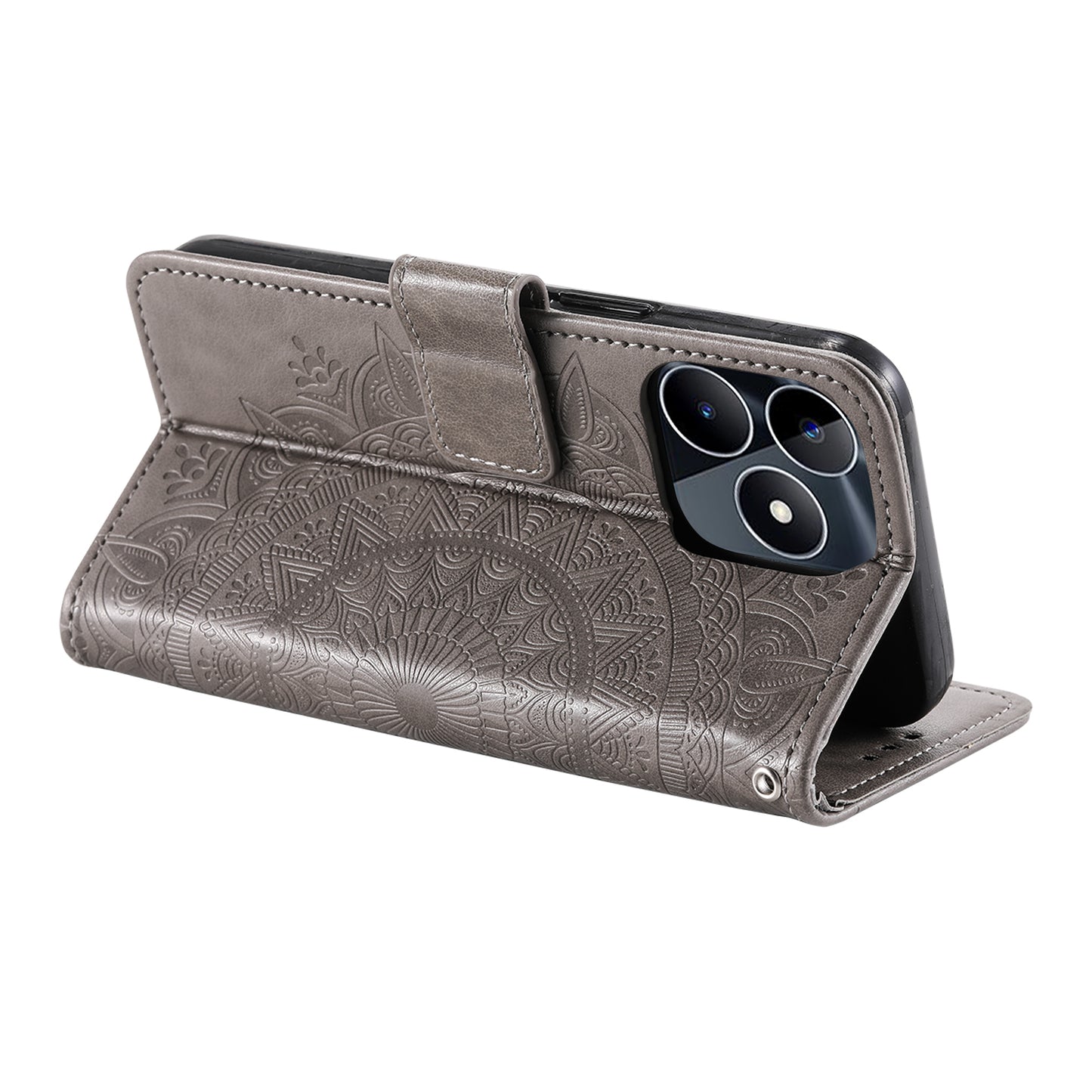 Wallet Shell for Realme Narzo N53 4G / C53 4G PU Leather Case Mandala Flower Imprint Stand Cover - Grey