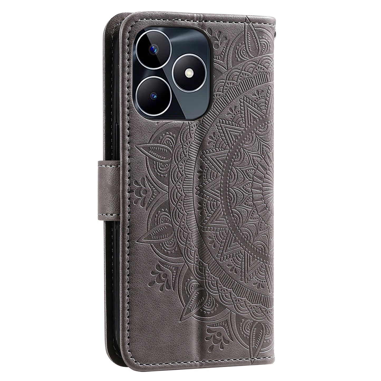 Wallet Shell for Realme Narzo N53 4G / C53 4G PU Leather Case Mandala Flower Imprint Stand Cover - Grey