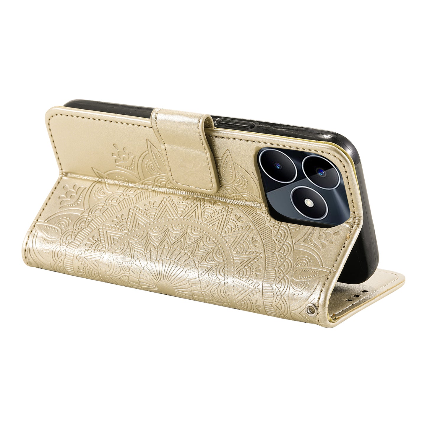 Wallet Shell for Realme Narzo N53 4G / C53 4G PU Leather Case Mandala Flower Imprint Stand Cover - Gold