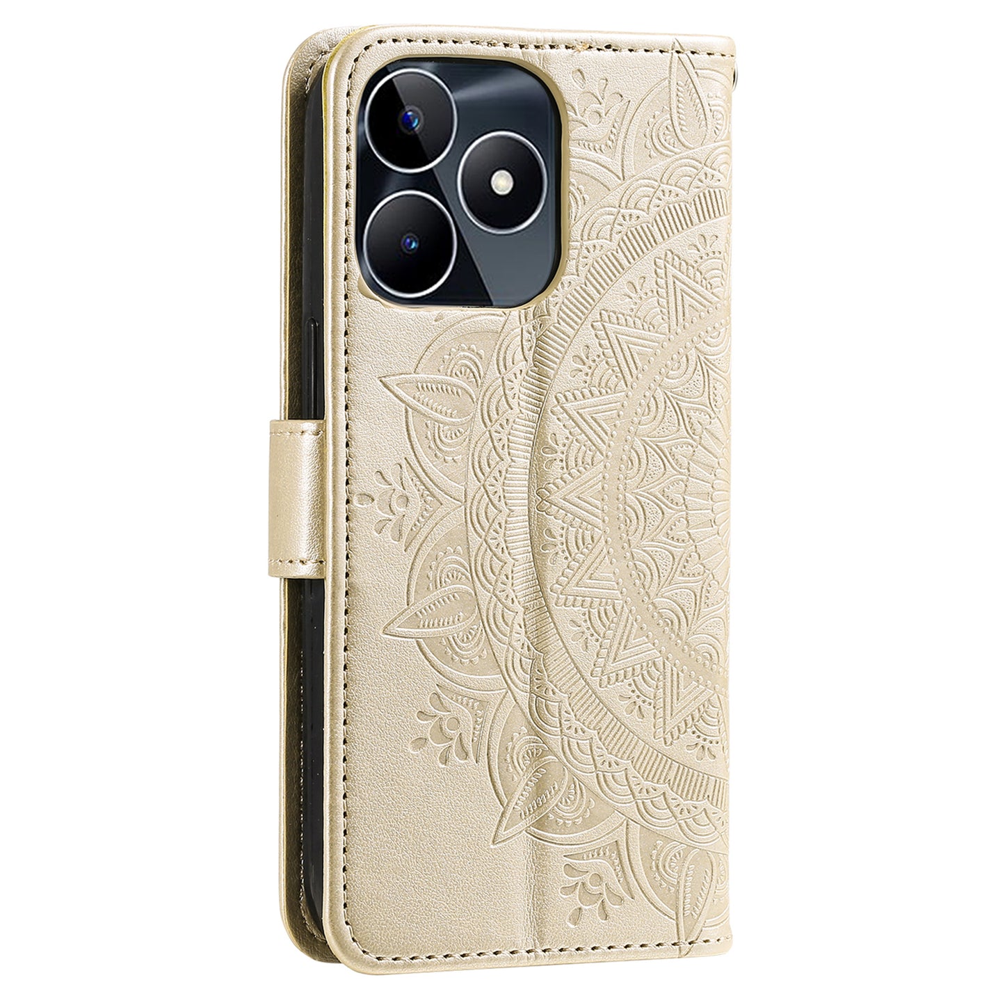 Wallet Shell for Realme Narzo N53 4G / C53 4G PU Leather Case Mandala Flower Imprint Stand Cover - Gold