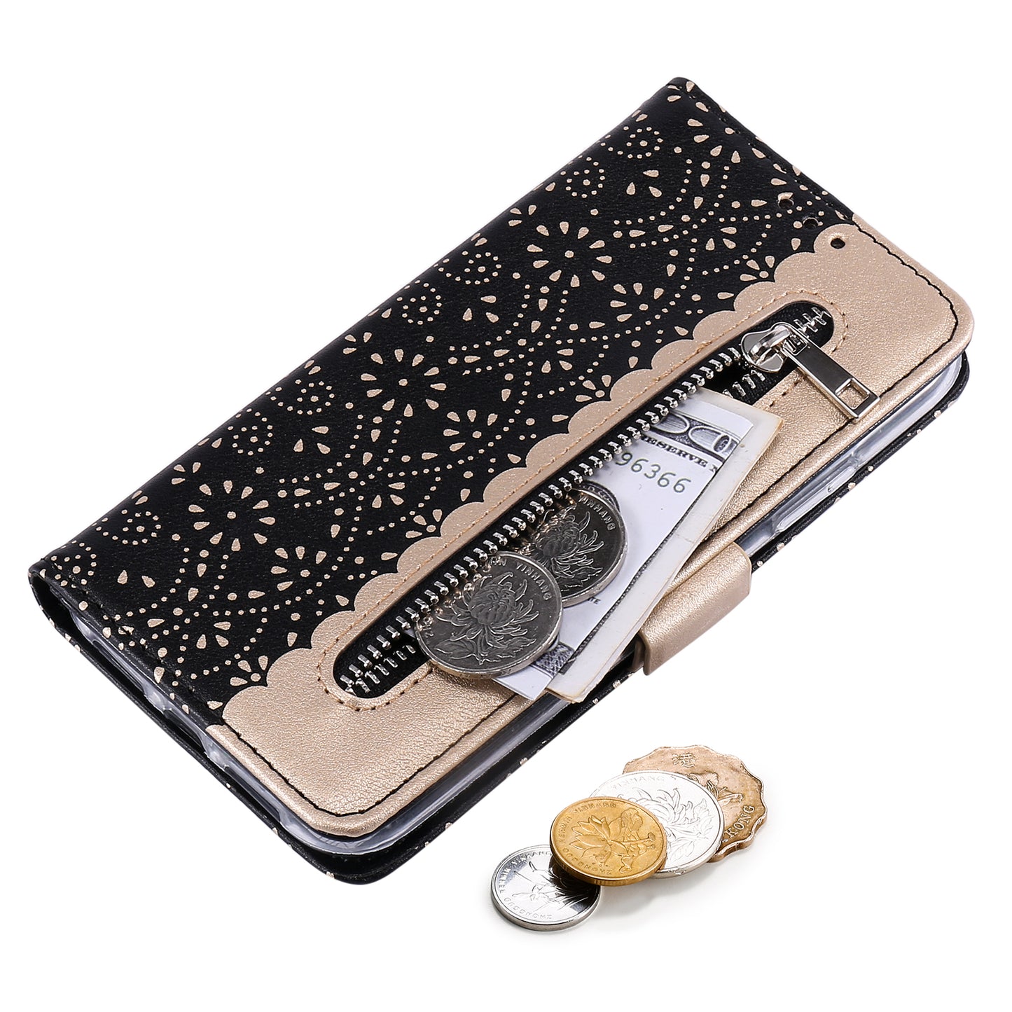 Uniqkart for iPhone 15 Zipper Wallet Phone Case Lace Flower Pattern Stand Leather Cover with Bowknot Wrist Strap - Black