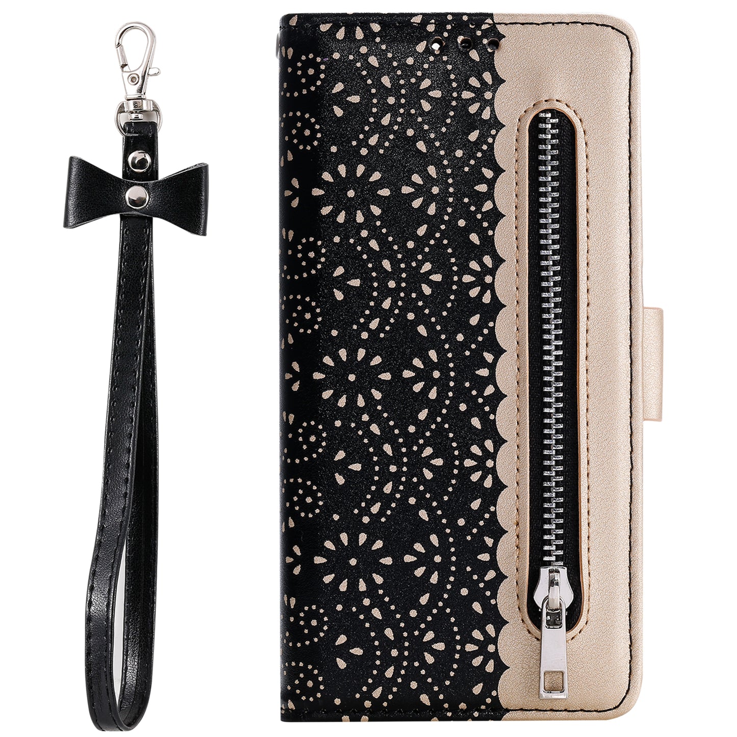 Uniqkart for iPhone 15 Zipper Wallet Phone Case Lace Flower Pattern Stand Leather Cover with Bowknot Wrist Strap - Black