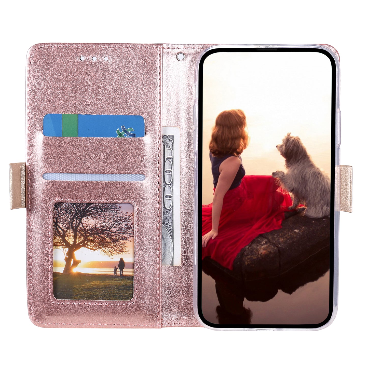 Uniqkart for iPhone 15 Zipper Wallet Phone Case Lace Flower Pattern Stand Leather Cover with Bowknot Wrist Strap - Rose Gold