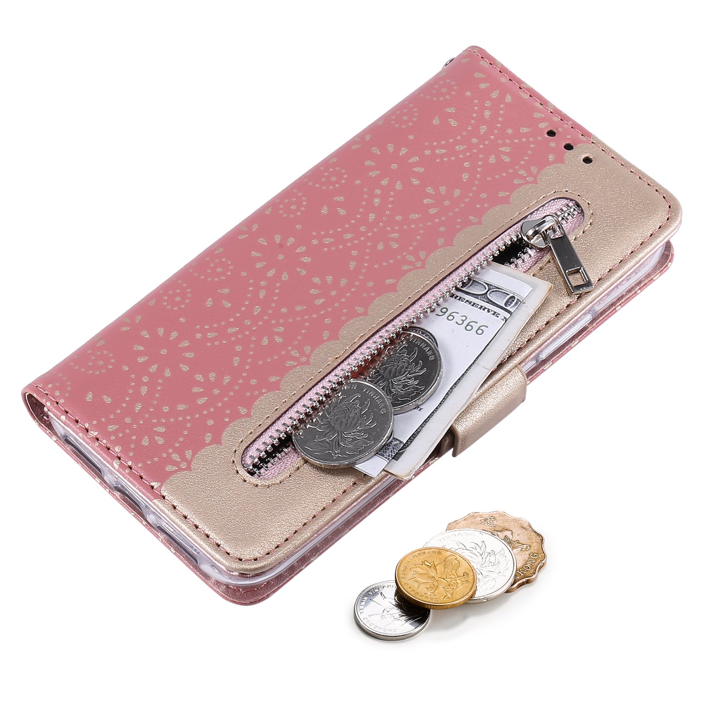 Uniqkart for iPhone 15 Zipper Wallet Phone Case Lace Flower Pattern Stand Leather Cover with Bowknot Wrist Strap - Rose Gold