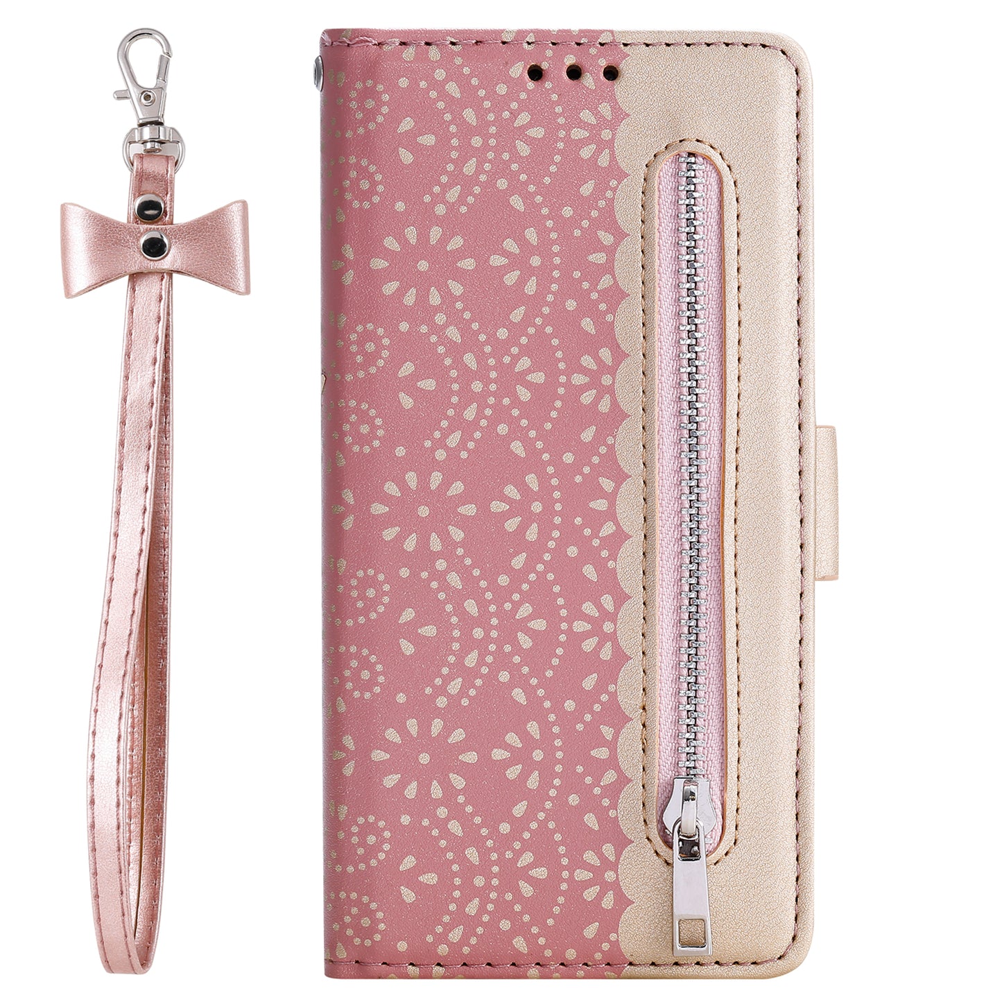 Uniqkart for iPhone 15 Zipper Wallet Phone Case Lace Flower Pattern Stand Leather Cover with Bowknot Wrist Strap - Rose Gold