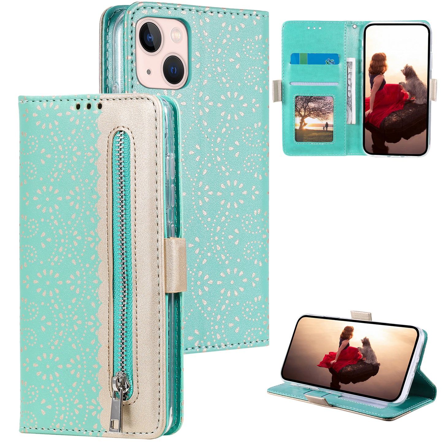 Uniqkart for iPhone 15 Zipper Wallet Phone Case Lace Flower Pattern Stand Leather Cover with Bowknot Wrist Strap - Green
