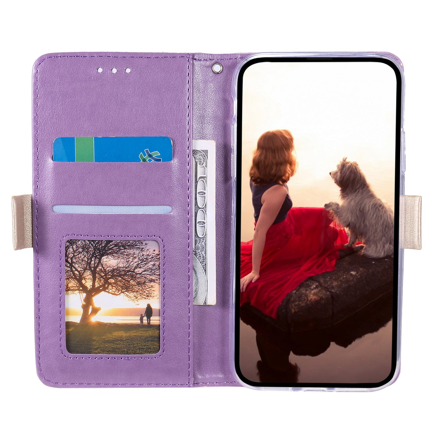 Uniqkart for iPhone 15 Zipper Wallet Phone Case Lace Flower Pattern Stand Leather Cover with Bowknot Wrist Strap - Purple