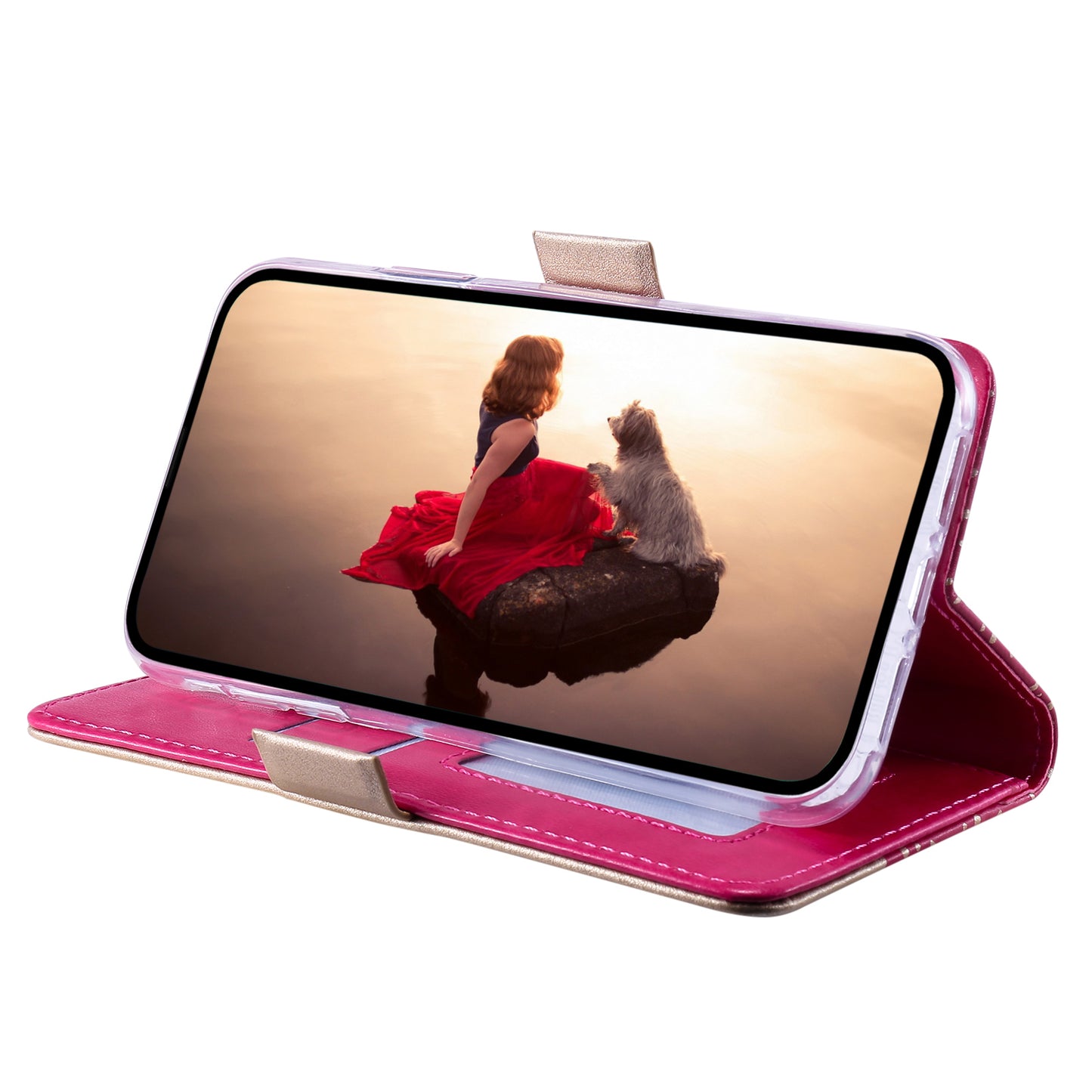 Uniqkart for iPhone 15 Zipper Wallet Phone Case Lace Flower Pattern Stand Leather Cover with Bowknot Wrist Strap - Rose