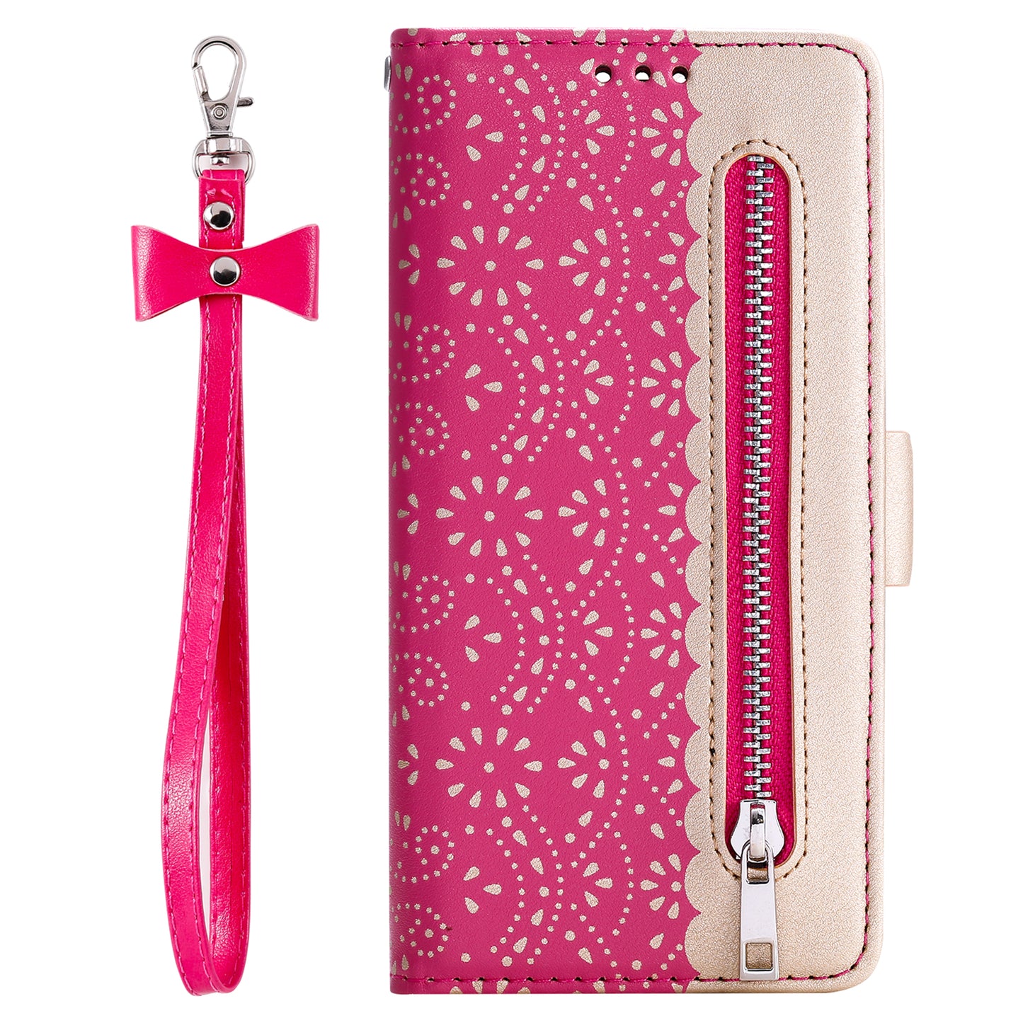 Uniqkart for iPhone 15 Zipper Wallet Phone Case Lace Flower Pattern Stand Leather Cover with Bowknot Wrist Strap - Rose
