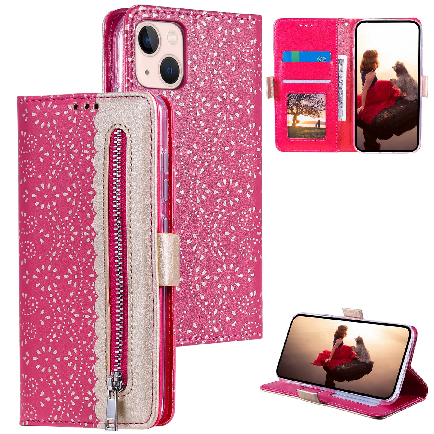 Uniqkart for iPhone 15 Zipper Wallet Phone Case Lace Flower Pattern Stand Leather Cover with Bowknot Wrist Strap - Rose