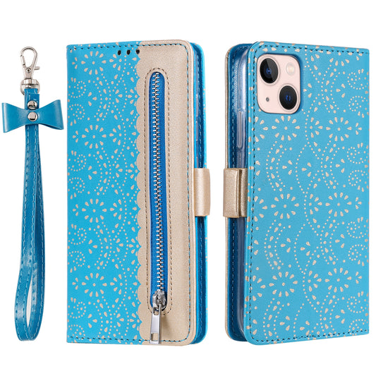 Uniqkart for iPhone 15 Zipper Wallet Phone Case Lace Flower Pattern Stand Leather Cover with Bowknot Wrist Strap - Blue