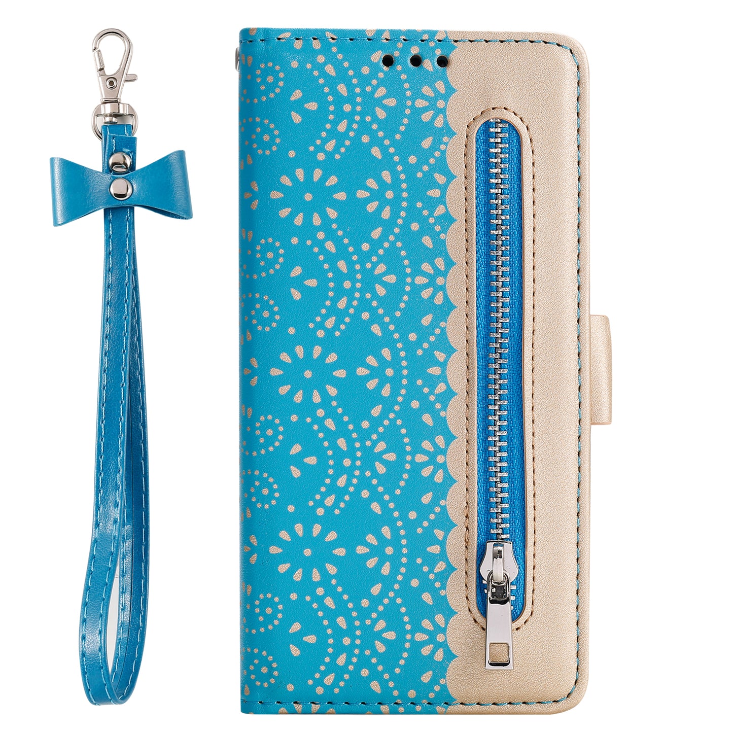 Uniqkart for iPhone 15 Zipper Wallet Phone Case Lace Flower Pattern Stand Leather Cover with Bowknot Wrist Strap - Blue