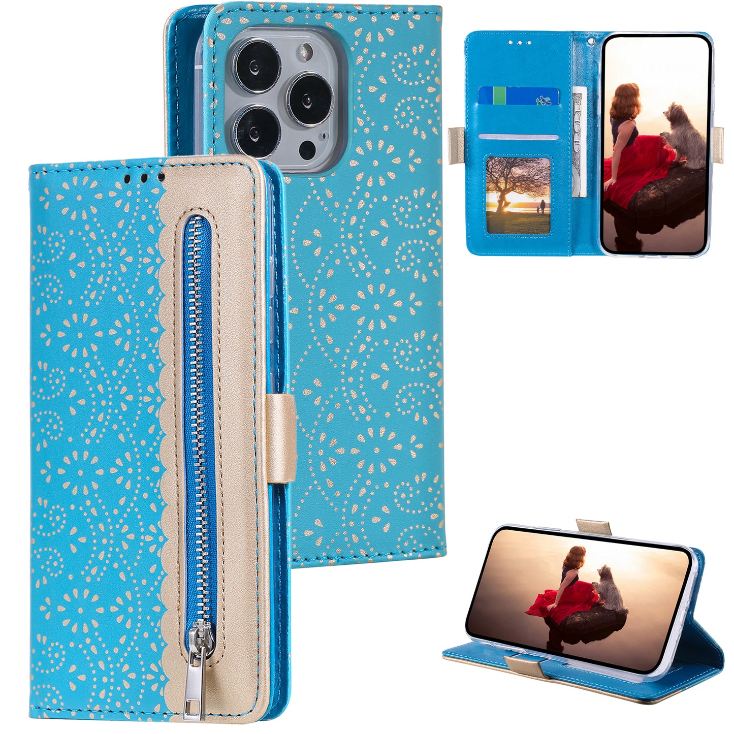Uniqkart for iPhone 15 Ultra Lace Flower Pattern Zipper Wallet Phone Case Stand Leather Cover with Bowknot Wrist Strap - Blue