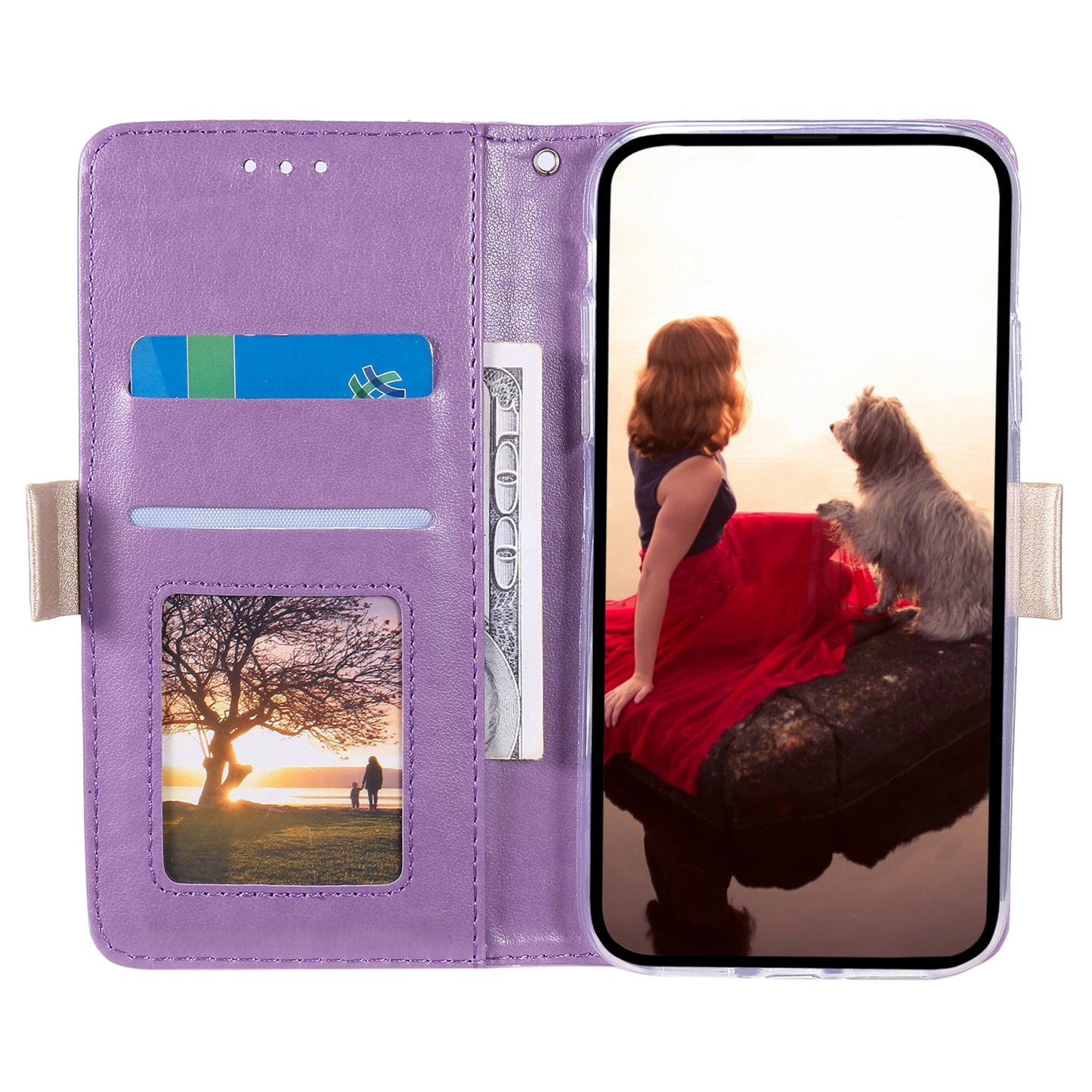 Uniqkart for iPhone 15 Ultra Lace Flower Pattern Zipper Wallet Phone Case Stand Leather Cover with Bowknot Wrist Strap - Purple