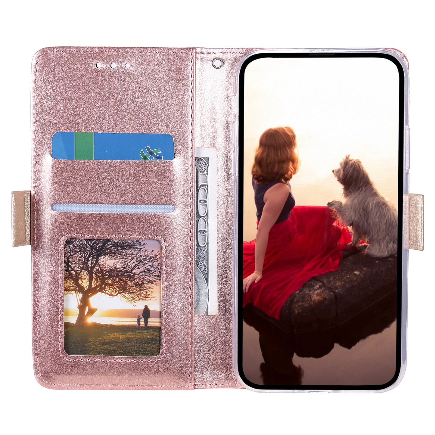 Uniqkart for iPhone 15 Ultra Lace Flower Pattern Zipper Wallet Phone Case Stand Leather Cover with Bowknot Wrist Strap - Rose Gold